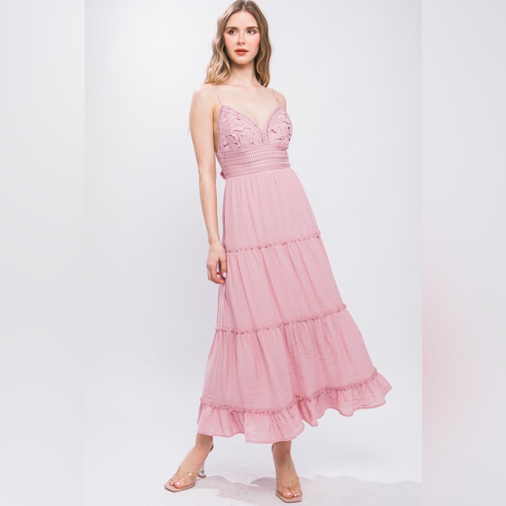 (4824DM) WOMAN CROCHET LAYER TOP PANELS SUMMER LONG LIGHWEIGHT DRESS